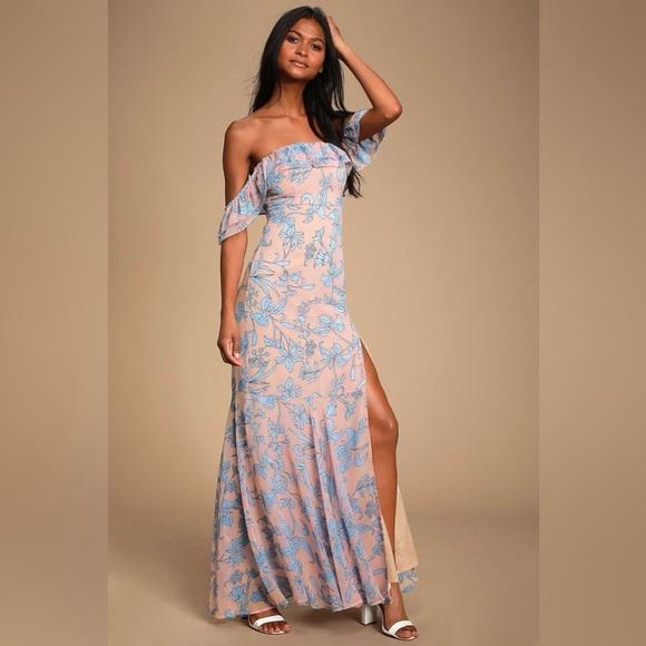 Lulu’s Adelaide Blush Floral Print Off-the-Shoulder Maxi Dress Size XS - Picture 1 of 9